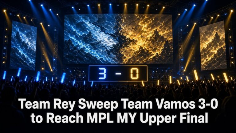 Esports arena with a 3-0 scoreboard and the headline Team Rey Sweep Team Vamos 3-0 to Reach MPL MY Upper Final