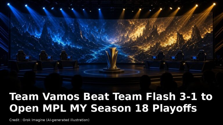 AI-generated illustration of an esports arena stage with a trophy for the MPL MY Season 18 playoffs