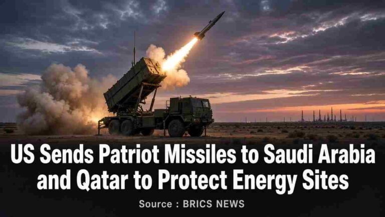 News graphic: US Sends Patriot Missiles to Saudi Arabia and Qatar to Protect Energy Sites. Source : BRICS NEWS