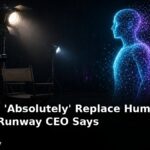 Illustration of a film set with a vintage camera and director's chair facing a glowing digital human figure, with the headline: AI Could 'Absolutely' Replace Human Actors, Runway CEO Says