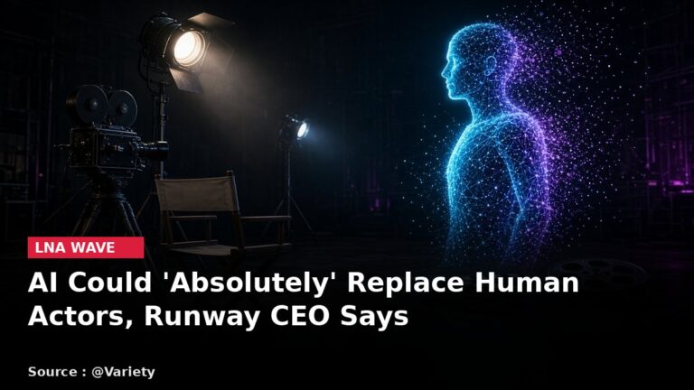 Illustration of a film set with a vintage camera and director's chair facing a glowing digital human figure, with the headline: AI Could 'Absolutely' Replace Human Actors, Runway CEO Says