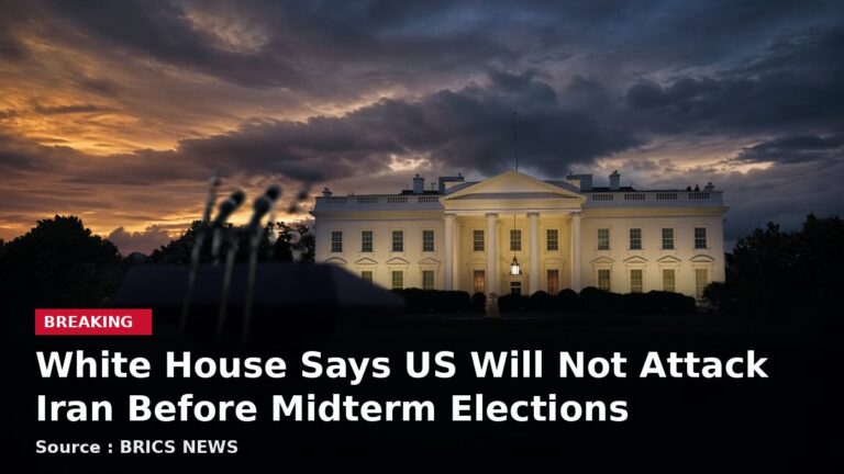 The White House at dusk with the headline: White House Says US Will Not Attack Iran Before Midterm Elections